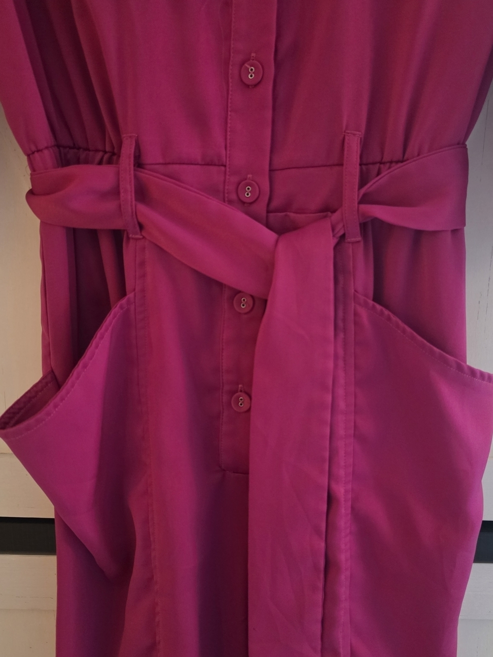 Button-Front Magenta Utility Jumpsuit with Tie Waist - Picture 4 of 7